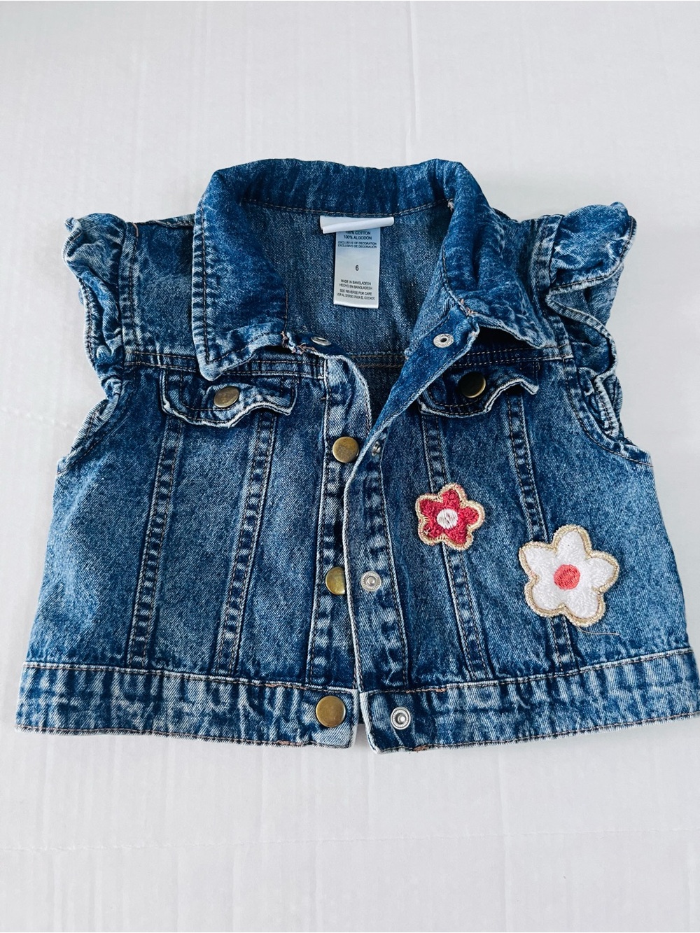 Little Lass Blue Denim Sleeveless Jacket with Floral Patches